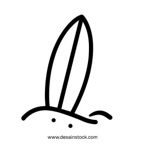 Simple Black Line Art Surfboard on Sand Drawing Illustration