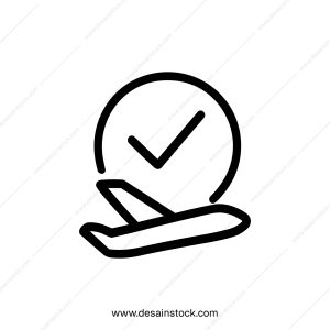 Simple Outline Airplane Approved Flight Icon with Checkmark Circle Shape