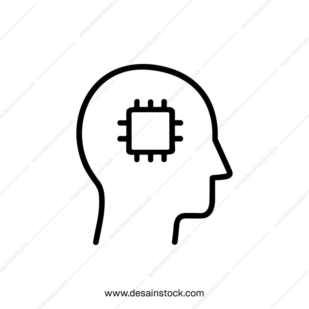 Simple Outline Head with Microchip Circuit Icon for Artificial Intelligence Concept