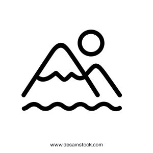 Minimalist Outline Mountain Landscape with Sun and Water Waves Illustration Icon
