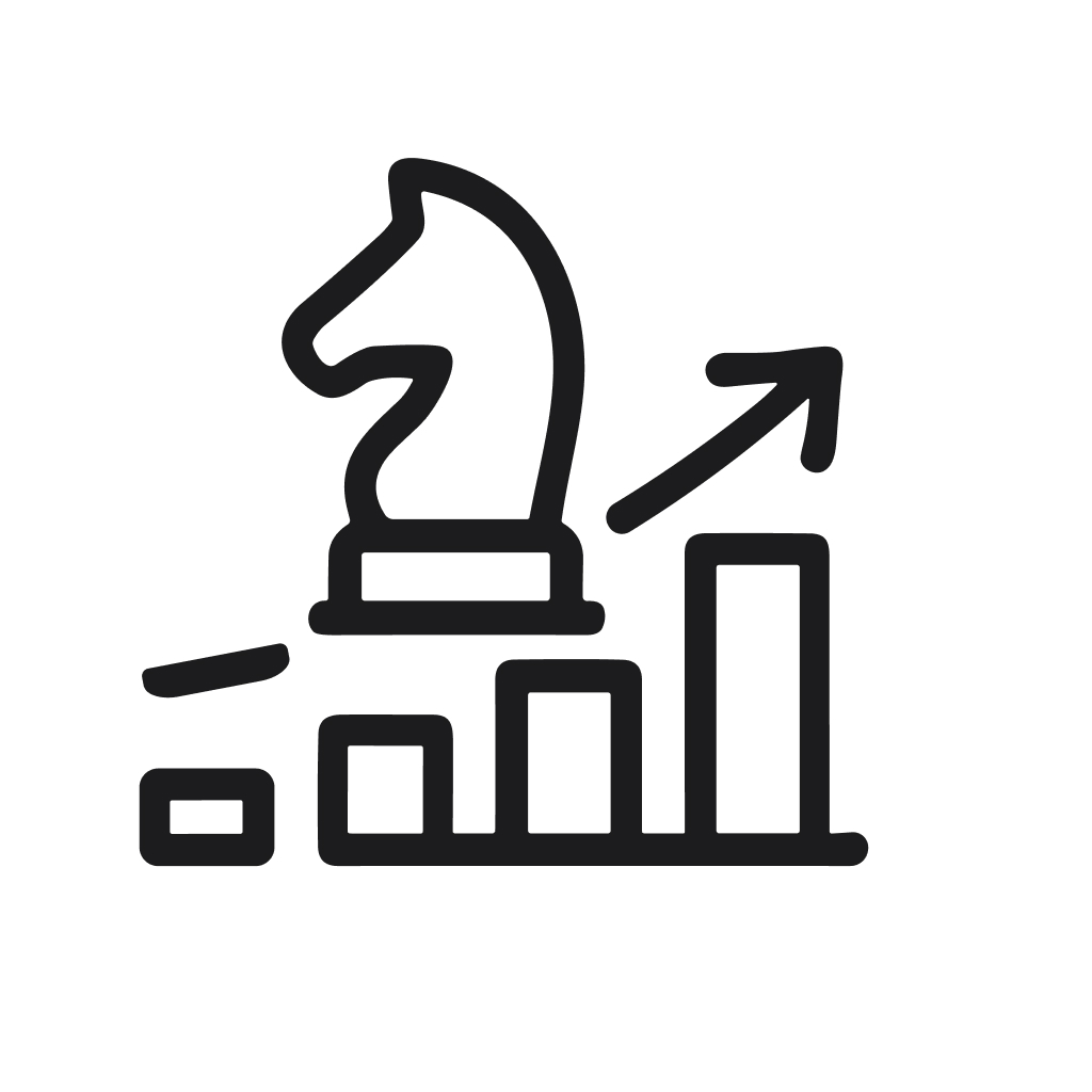 Line Art Chess Knight on Bar Chart Growing Upward Icon