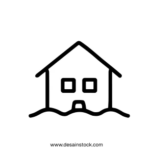 Minimalist Outline Flood Damaged House Residential Building Line Art Icon