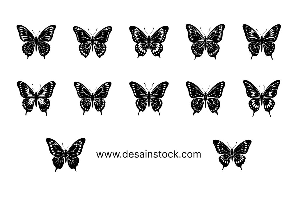 Elegant Black and White Butterfly Silhouette Set Illustration on White Background