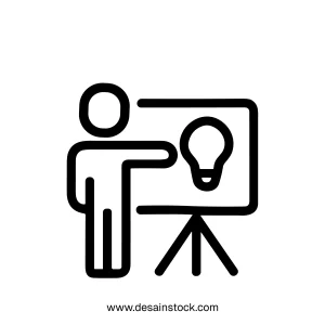Line Drawing Man Presenting Light Bulb Idea on Whiteboard Illustration