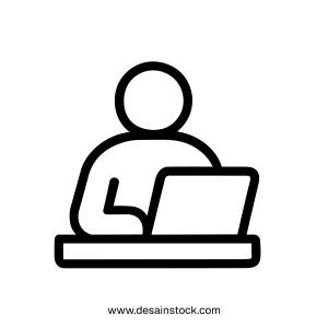 Simple Outline Person Using Laptop at Desk Icon Illustration Design