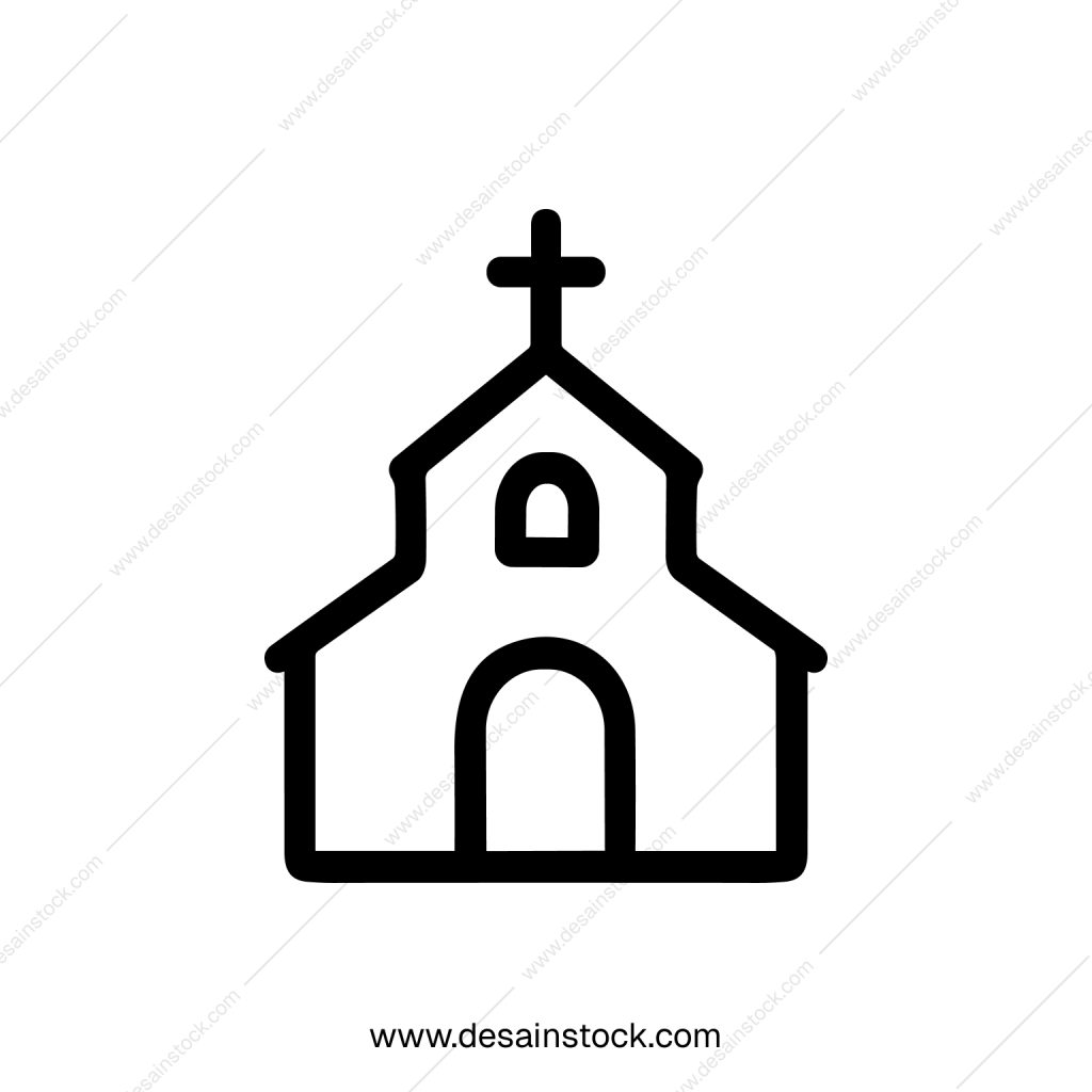 Simple Outline Church Building Icon with Cross Detailed Thin Stroke