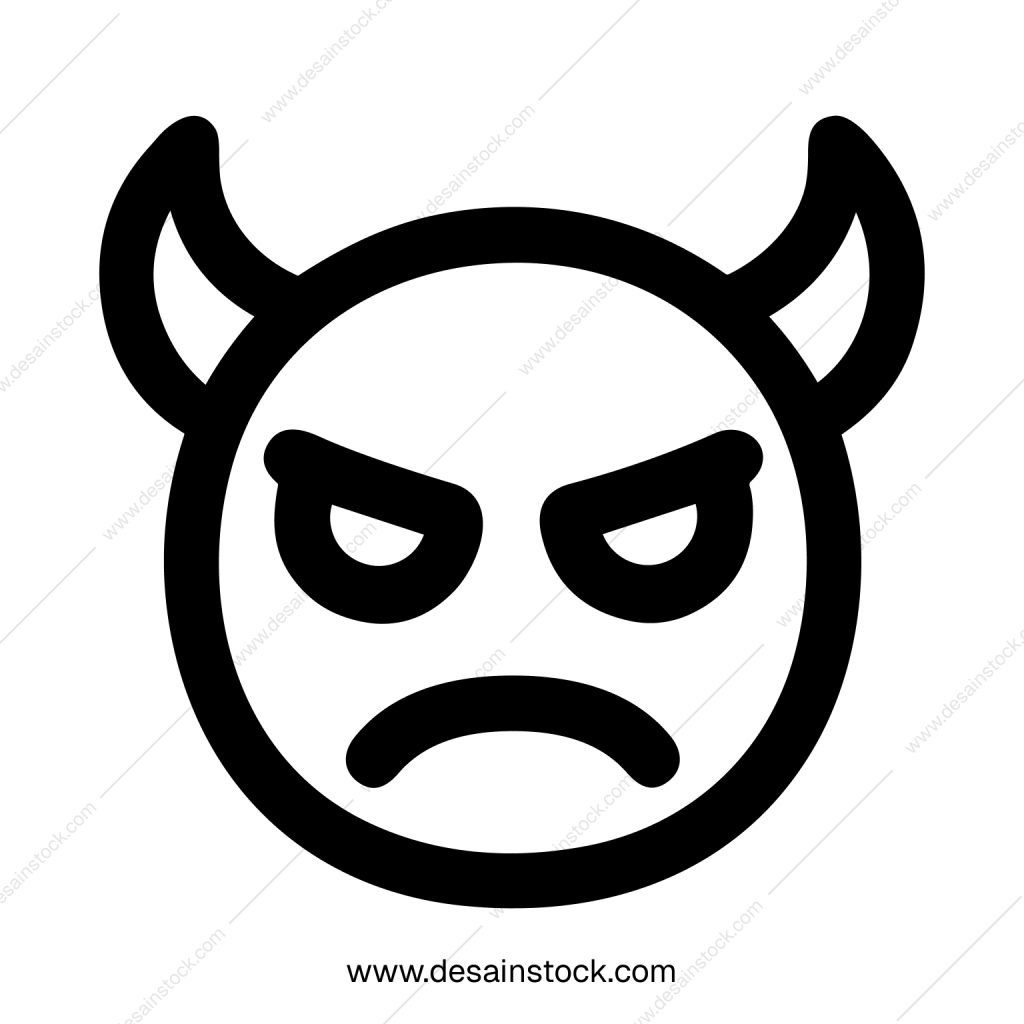 Simple Outline Angered Devil Emoticon with Horns Isolated in White Background