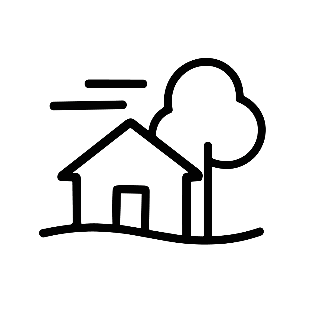 Minimalist Outline House on Hill with Tree Black and White Illustration
