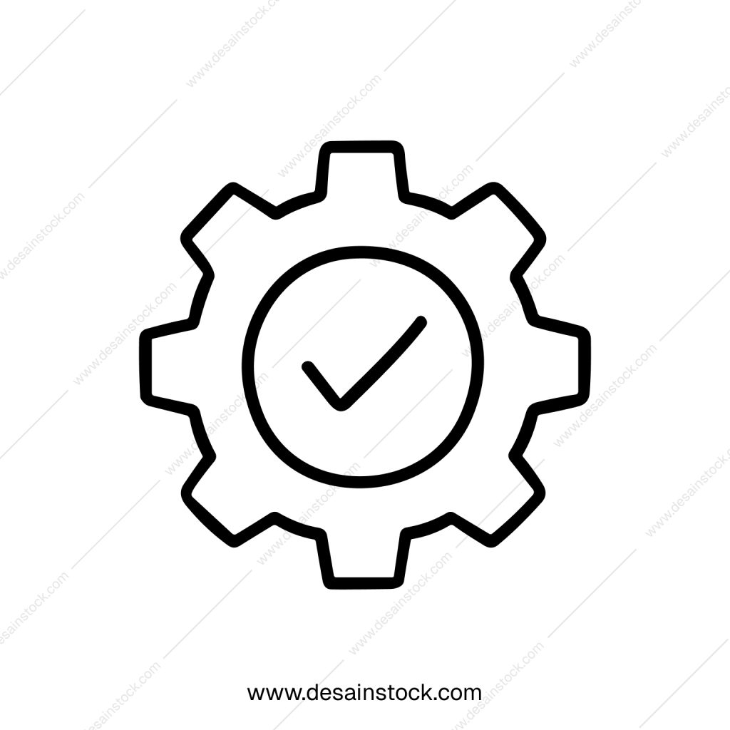 Minimalist Outline Gear with Check Mark Symbol Shape Line Icon
