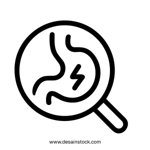 Outline Illustration of Stomach Pain Examination Under Magnifying Glass Icon