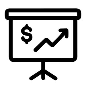 Outline Simple Presentation Board with Dollar Sign and Growth Arrow Icon