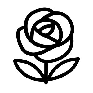 Minimalist Outline Rose Flower Illustration with Stem and Leaves Icon