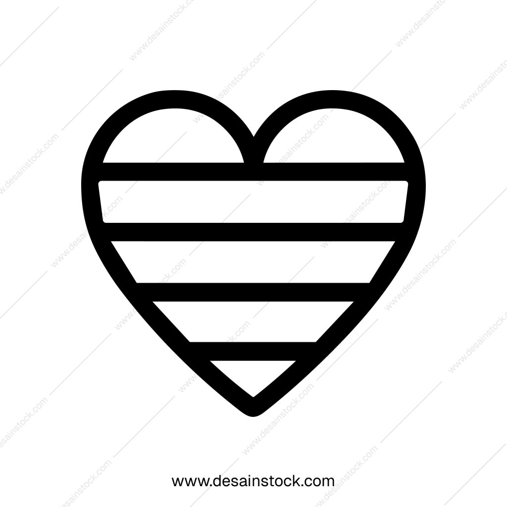 Simple Outline Striped Heart Shape Black and White Line Art Icon