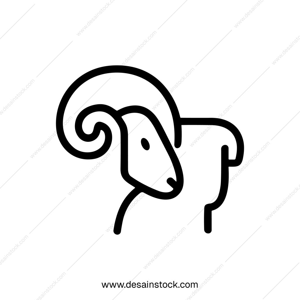 Minimalist Line Art Ram Icon with Bold Outline and Curved Horns