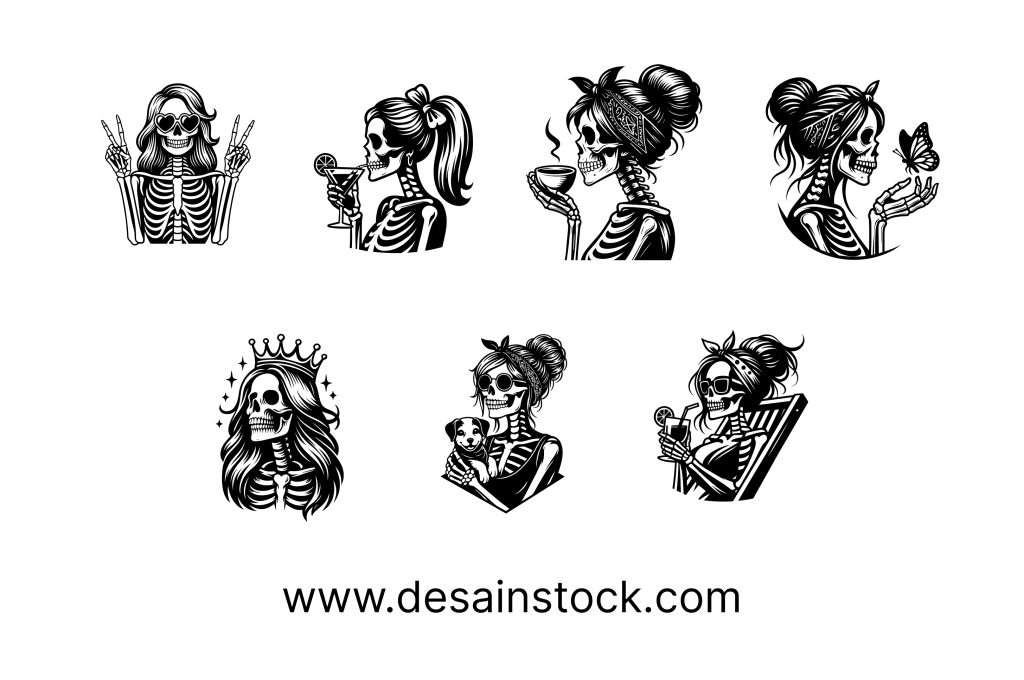 Creative Monochrome Skeleton Girl Icon Set for Halloween and Day of Dead