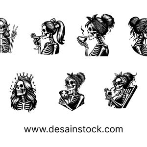 Creative Monochrome Skeleton Girl Icon Set for Halloween and Day of Dead