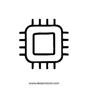Simple Line Style Microchip Processor Square Shape Isolated Computing Component