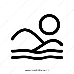 Simple Outline Sunrise Landscape Scene with Mountain and River Icon