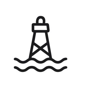 Simple Line Art Offshore Lighthouse Silhouette on Water Icon Design