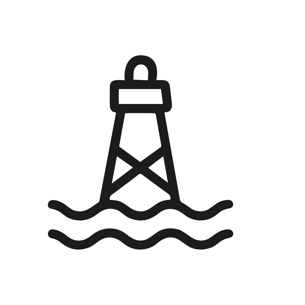 Simple Line Art Offshore Lighthouse Silhouette on Water Icon Design