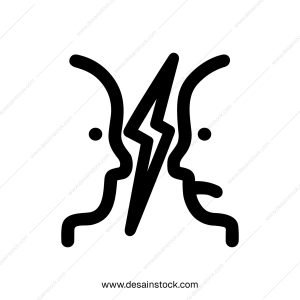 Minimalist Outline Conflict Head with Lightning Bolt in Black and White Icon