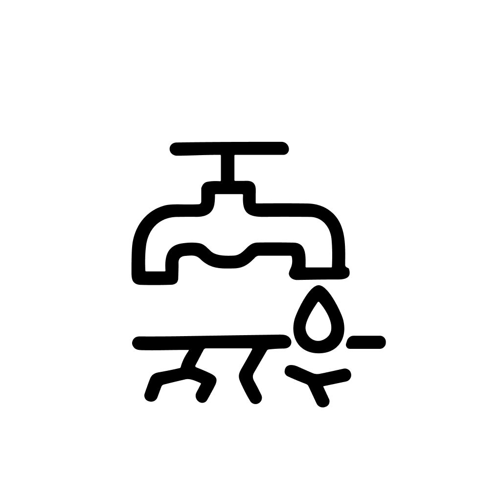 Minimalist Outline Water Faucet with Dripping Drop Leak Icon Element