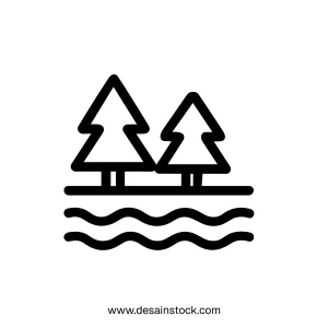 Outline Simple Forest Tree Icon with River Landscape Line Drawing