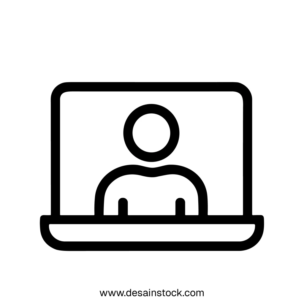 Minimalist Outline Laptop Screen Person Icon for Online Communication and Meeting