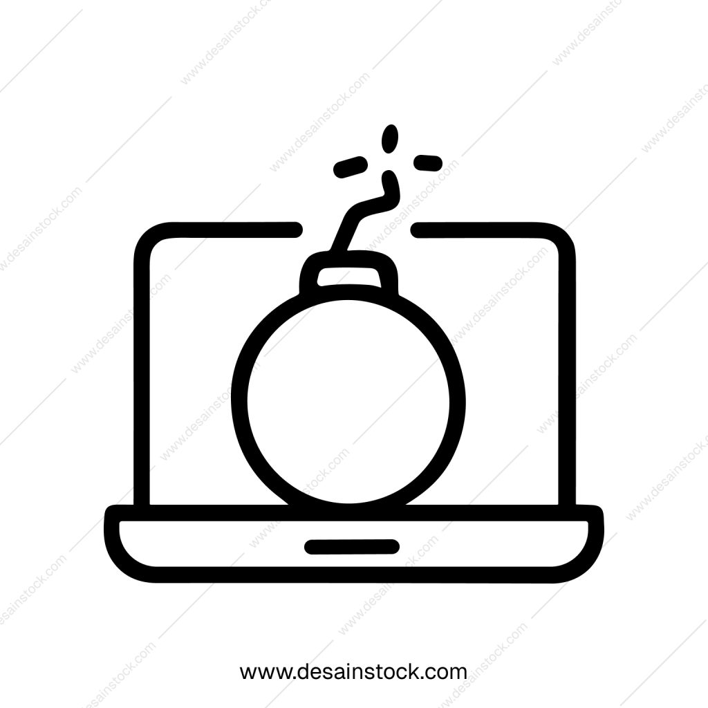 Simple Outline Laptop with Bomb, Hacking Concept Icon Element