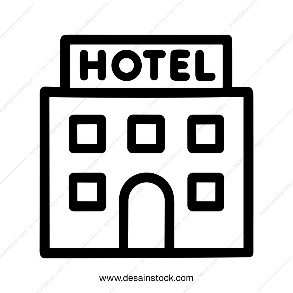 Line Art Simple Hotel Building Icon with Sign and Windows