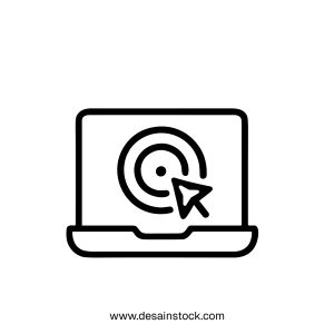 Outline Simple Laptop with Target and Arrow Cursor Icon Illustration