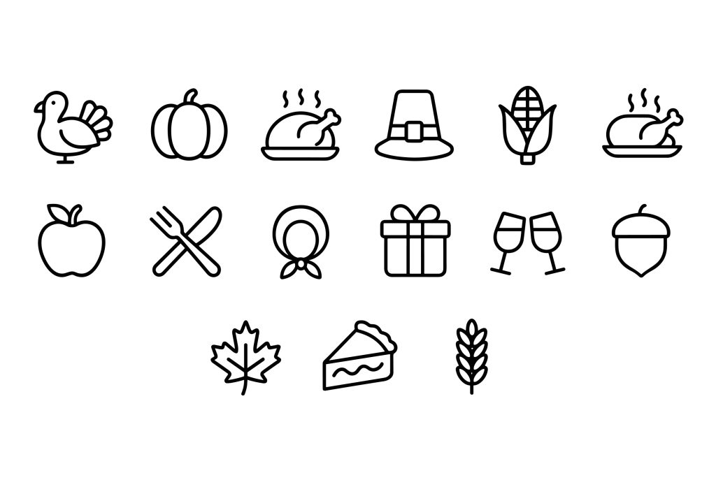 Minimalist Outline Handdrawn Thanksgiving Day Dinner and Seasonal Icon Set