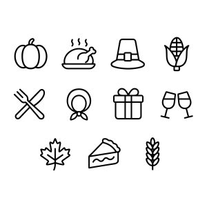 Minimalist Outline Handdrawn Thanksgiving Day Dinner and Seasonal Icon Set