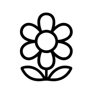 Simple Outline Flower Blossom with Leaves Icon in Black and White
