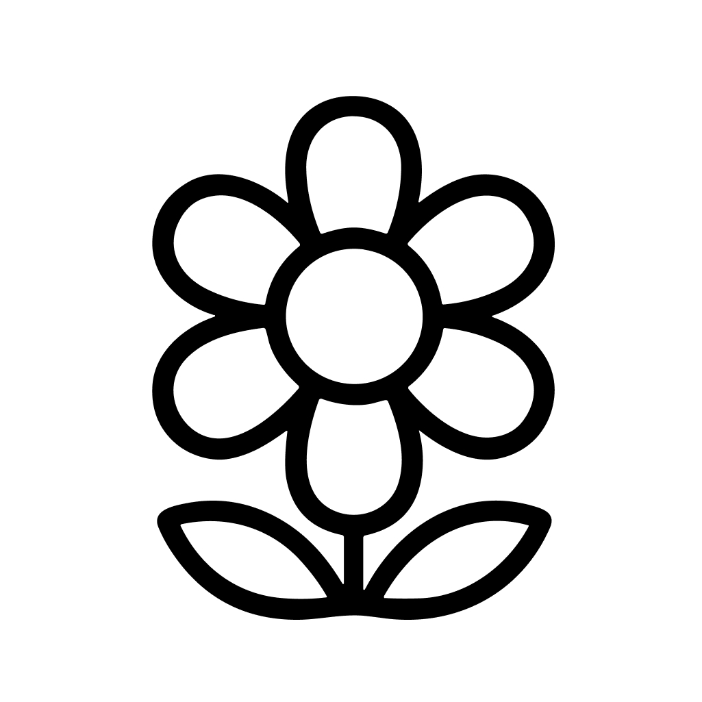 Simple Outline Flower Blossom with Leaves Icon in Black and White
