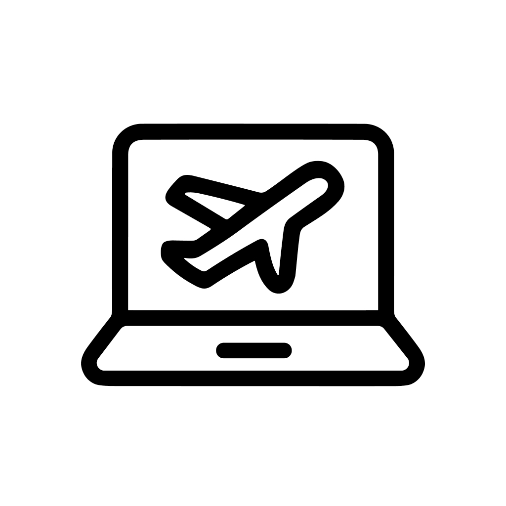 Simple Outline Airplane on Laptop Screen Travel Booking Icon
