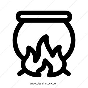 Simple Outline Style Boiling Cauldron with Fire Flames Icon Symbol