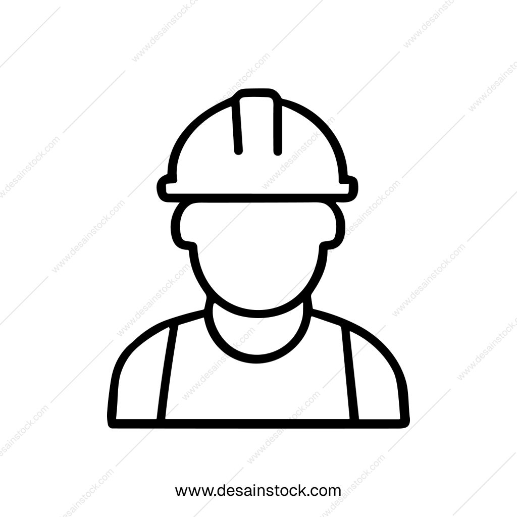 Simple Outline Silhouette of Construction Worker Icon with Safety Helmet