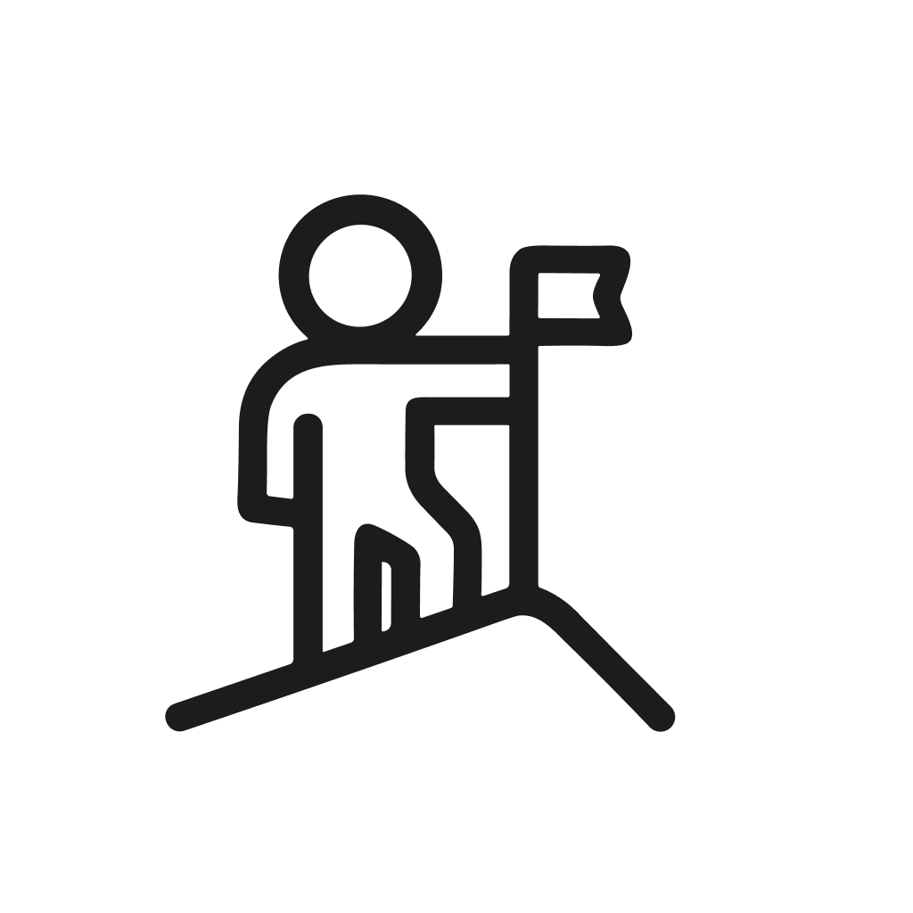 Outline Simple Stick Figure Reaching Goal on Mountain Top Icon