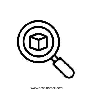 Outline Simple Magnifying Glass with Cube Shape Object Icon