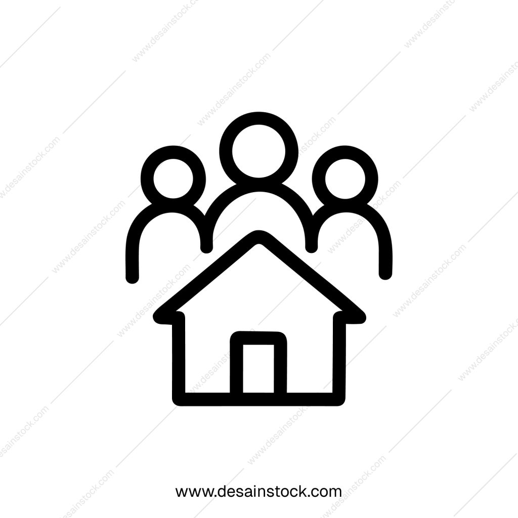 Minimalist Outline House with Family Icon Sign Simple Black Line Art