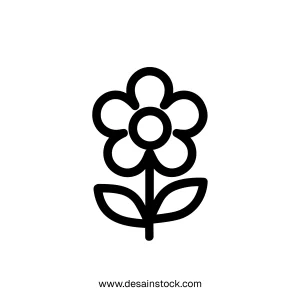 Minimalist Outline Flower with Stem and Leaves Simple Decoration Element Icon