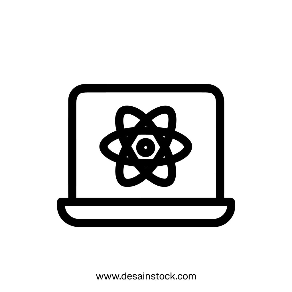 Outline Minimalist Laptop Computer with Atom Symbol for Science and Technology Icon