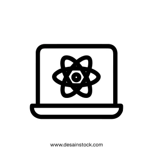 Outline Minimalist Laptop Computer with Atom Symbol for Science and Technology Icon
