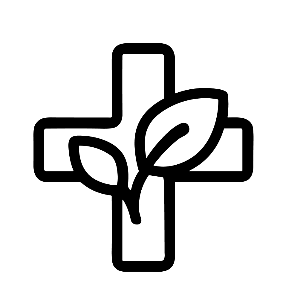 Minimalist Outline Medical Cross with Leaves Natural Healing Symbol Icon