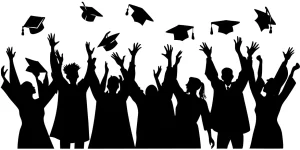 Silhouette Graduates Throwing Mortarboard Cap Celebration Success Event