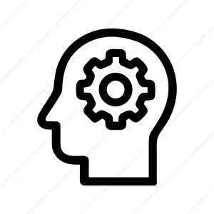 Minimalist Outline Head with Cogwheel Thinking Process Icon