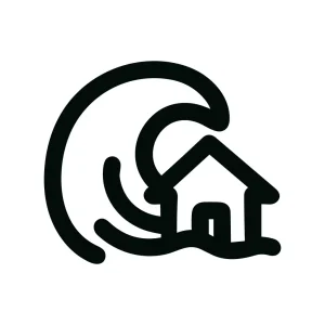 Minimalist Outline Style Wave Destroying House Disaster Safety Icon
