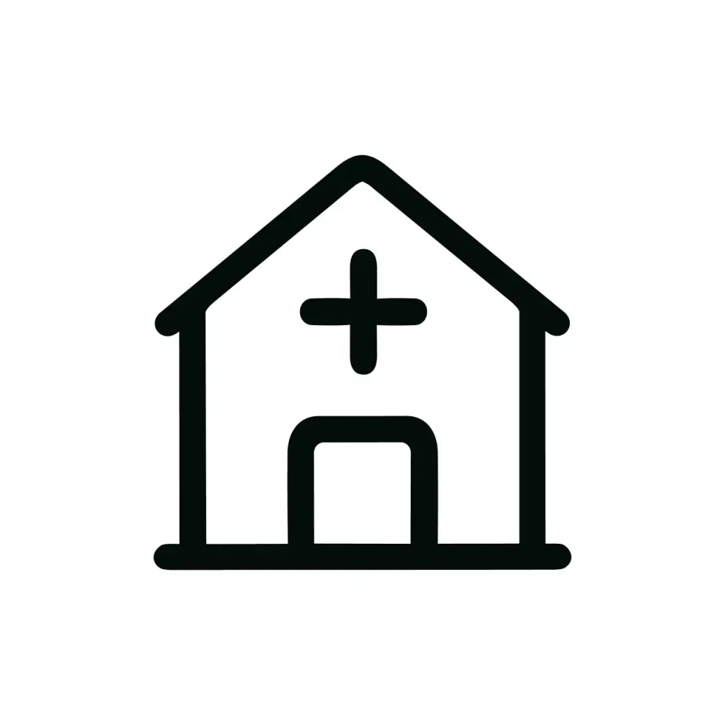 Minimalist Outline Hospital Building With Cross Sign Icon Element Design