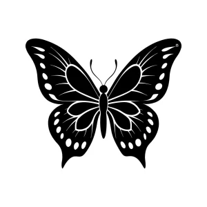 Detailed Silhouette Butterfly with Intricate Wing Patterns Black and White Illustration